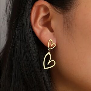 Gold Stainless Steel Double Hollow Heart Earrings